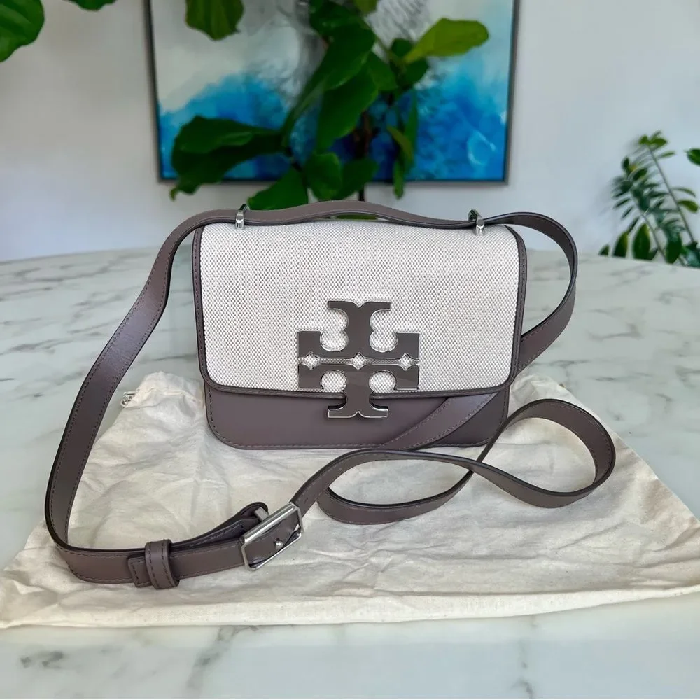 NWOT Tory Burch Eleanor Small Canvas Convertible Shoulder Bag Clam Shell Taupe